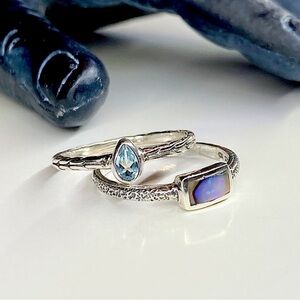 NEW 925 Aquamarine & Abalone Textured Ring Set